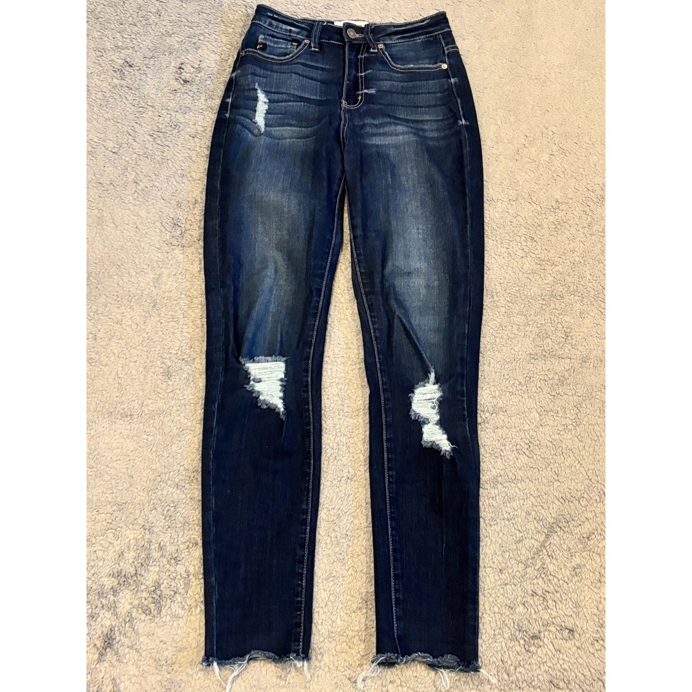 Kancan Jeans Womens 1/24 Curvy Ankle Skinny Dark Blue Stretch Distressed